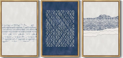 Drsoum Blue Abstract Boho Framed Wall Art Large 24x36in Minimalist Mid-Century Modern Wall Decor Geometric Artwork Kitchen Dining Room Black Framed