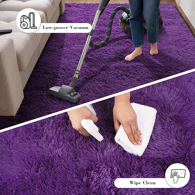 Purple Fluffy Rug Shag Area Rug, 4x6 Area Rugs for Girls Bedroom, Soft Cute Baby Play Mat, Indoor Floor Carpet for Teen, Nursery, Preppy Dorm, Plush Aesthetic Bedside Rug