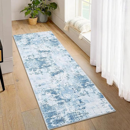 ROYHOME Modern Abstract 2x10 Runner Rug Non Slip Non Shedding Low Pile Stain Resistant Rug for Hallway Kitchen Bedroom, Light Blue