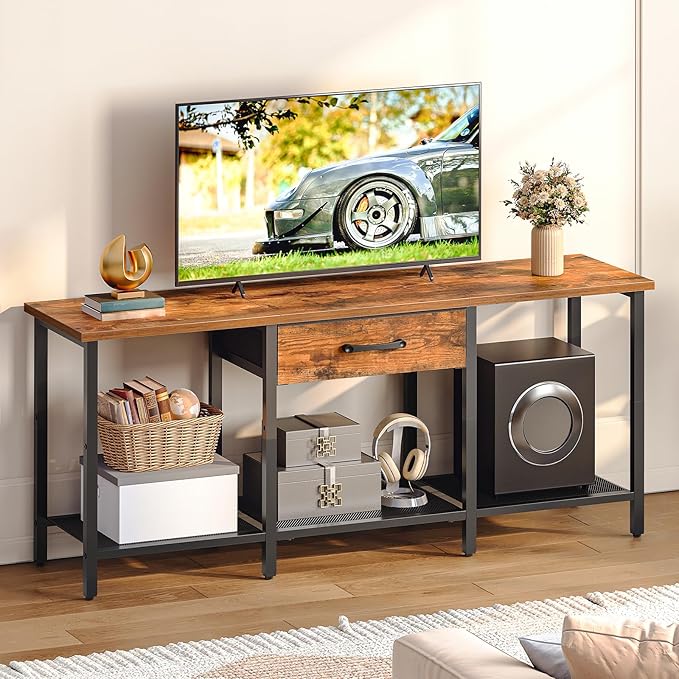 HOOBRO TV Stand for TVs up to 55 Inch, Entertainment Center with Fabric Drawer & Open Shelves, Industrial TV Media Console Table with Storage, for Living Room, Bedroom, Rustic Brown BF125DS01
