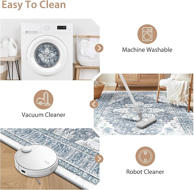 BESTSWEETIE 5x7 Area Rug Washable Rugs for Living Room, No Pile Boho Carpet for Entryway Bedroom Dinning Room, Vintage Carpet Print Distressed Non-Slip, 5 x 7 ft, Blue Grey White