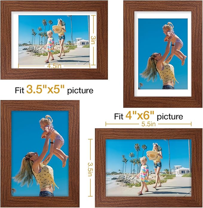 Vittanly 4x6 Picture Frames Set of 9, Display 3.5x5 Pictures with Mat or 4x6 without Mat, Photo Frames for Wall or Tabletop with Plexiglass, Engineered Wood, Wood Grain Brown