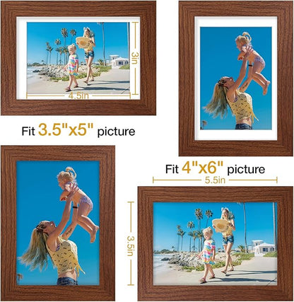 Vittanly 4x6 Picture Frames Set of 9, Display 3.5x5 Pictures with Mat or 4x6 without Mat, Photo Frames for Wall or Tabletop with Plexiglass, Engineered Wood, Wood Grain Brown