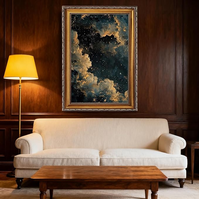 Balsuka Moody Celestial Wall Art Dark Academia Decor Maximalist Gothic Sky Poster Abstract Cloudy Night Aesthetic Canvas Print Vintage Astronomy Painting for Bedroom Library 24x36inch Vintage Framed