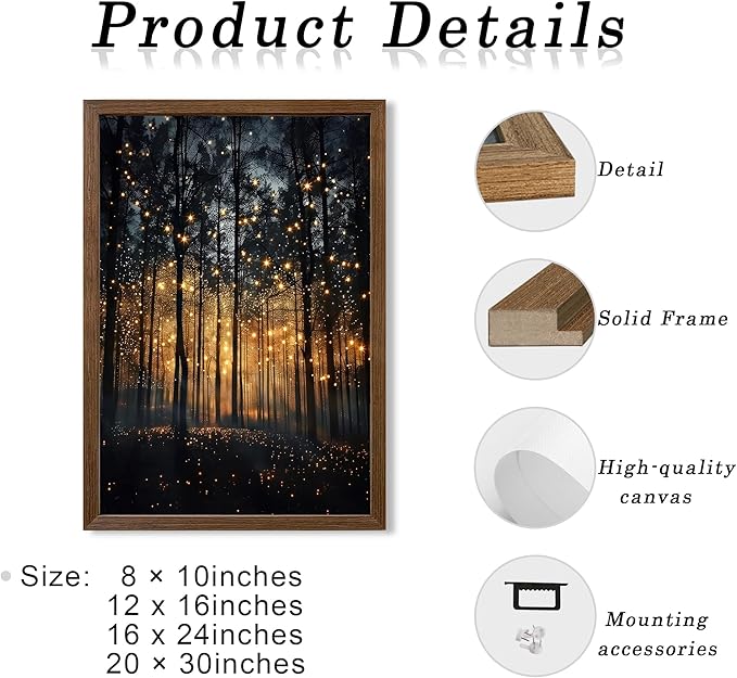 JLTULT Framed Enchanted Forest Firefly Canvas Wall Art, Dark Twilight Landscape Wall Decor, Rustic Botanical Nature Tree Art Prints for Bedroom Living Room Office Decoration 20x30 inch Easy to Hang