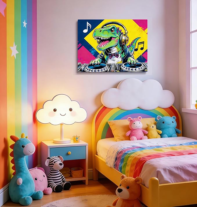 16x24 Pop DJ Dinosaur Canvas Wall Art Prints, Graffiti T-Rex Music Decor with Headphone & Turntable, Colorful Wall Painting for Teen Boy/Kids Bedroom, Child Home Painting Vibrant Hanging Game Poster