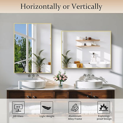COFENY Gold Bathroom Mirror for Wall, 24x32 Inch Rectangle Mirror with Metal Frame, Modern Vanity Mirrors for Bathroom Living Room, Entryway Hangs Horizontal or Vertical