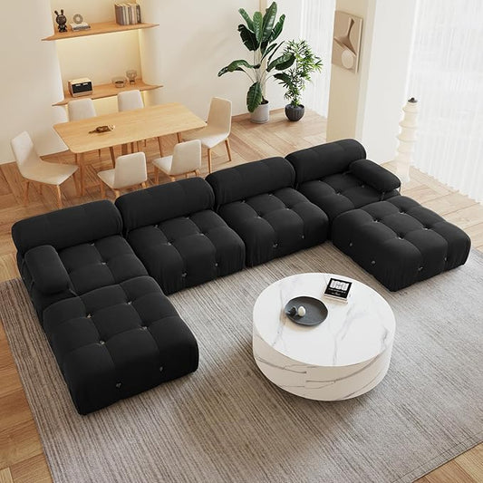138'' Modular Sectional Couch, U-Shaped Velvet Sofa with Reversible Chaise Ottoman, Minimalist 6-Seat Bubble Sofa, Modern Black Sectional Couches for Living Room, Apartment (6 Seats, Black)