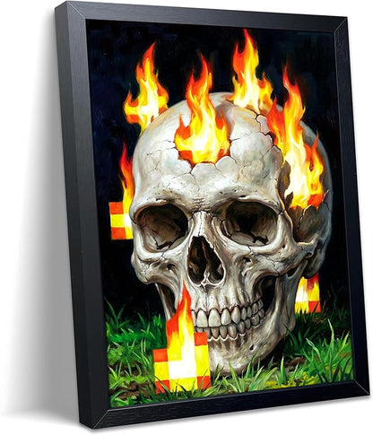 Burning Skull Wall Art, Gamer Style Wall Decor, With Pixel Fire Skull Canvas Print, Boys Room Decor, Dark Gothic Horror Painting Poster for Bedroom Game Room 8x10 Inch Wood Framed