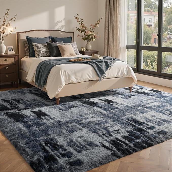 7x10 Ft Extra Large Shag Rugs for Living Room, Tie Dyed Ultra Soft Fluffy Furry Area Rugs for Bedroom Indoor Floor, Aesthetic Carpet for Kids Home Decor (Blue)