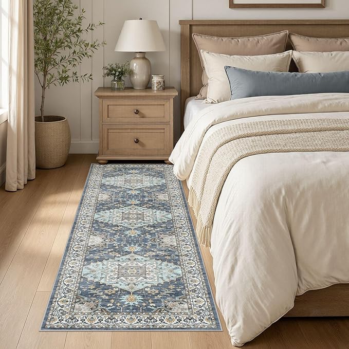Washable 2x6 Runner Rugs: Non Slip Vintage Blue Yellow Area Rugs for Living Room, Large Soft Stain Resistant Indoor Floor Carpets for Bedroom Dining Room Nursery Home Office Kid & Pet Friendly