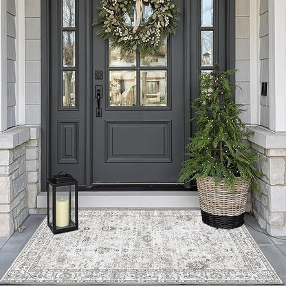Grey Floral Rug for Entryway, 2x3 Washable Kitchen Mat Ultra-Thin Soft, Non-Slip Indoor Door Carpet Stain Resistant Boho Small Low-Pile Throw for Bathroom Bedroom
