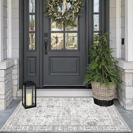 Grey Floral Rug for Entryway, 2x3 Washable Kitchen Mat Ultra-Thin Soft, Non-Slip Indoor Door Carpet Stain Resistant Boho Small Low-Pile Throw for Bathroom Bedroom