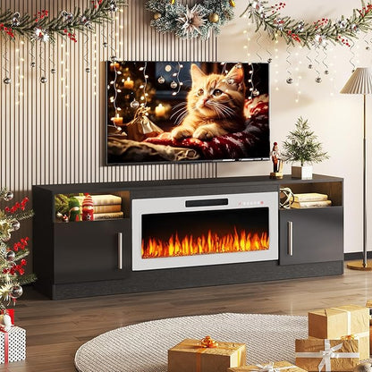TAVATA 70" Fireplace TV Stand, Modern LED Light Entertainment Center with Storage and 36" Fireplace, Media TV Console for TVs Up to 80", Fire Place TV Stands for Living Room, Black+White