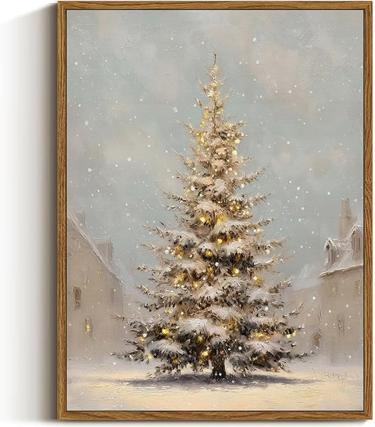 VIYYIEA Framed Canvas Christmas Tree Wall Art Pictures Home Decor Village Canvas Prints, Vintage Christmas Decorations Indoor Painting Picture, Wall Decor Gifts for Friends or Family - 16L x 12W