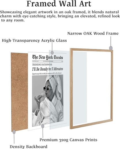 EcoHest 12x16 in Beige OAK Wood Framed Wall Art, Trendy Newspaper I'll Be Ready in 5 Minutes Print, Feminist Makeup Canvas Wall Art Home Decor, Retro Bathroom Decor, Set of 1 For Bedroom Living Room