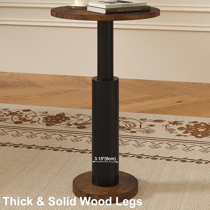 LAATOOREE Small Round Side Tables Set of 2, Drink Tables, Accent Coffee Tables, Pedestal End Tables with Thick Solid Wood Legs for Living Room,Sofa Couch,Small Spaces,Bedroom (Rustic Brown+ Black)
