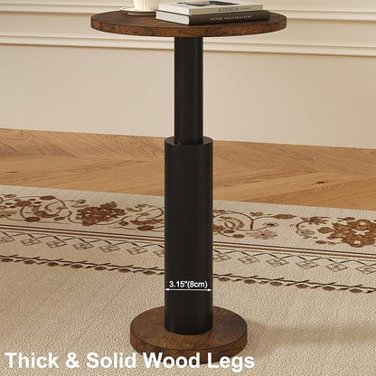LAATOOREE Small Round Side Tables Set of 2, Drink Tables, Accent Coffee Tables, Pedestal End Tables with Thick Solid Wood Legs for Living Room,Sofa Couch,Small Spaces,Bedroom (Rustic Brown+ Black)