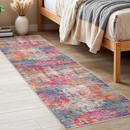 KILOCOCO Modern Abstract Runner Rug 2x6 ft Washable Hallway Runner Rug Non Slip Soft Pinted Kitchen Runners for Hallways Entryway Bedside Laundry Room Floor Runners, Pink/Orange/Blue