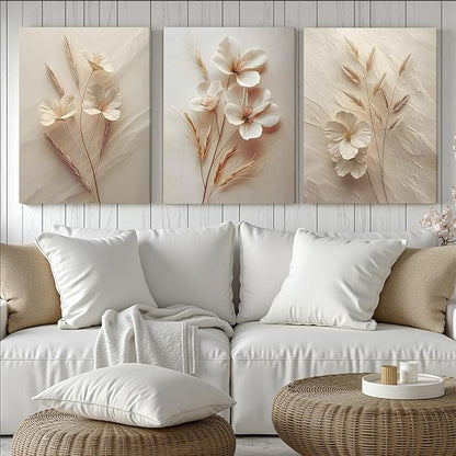 FYLDPSB 3Pcs Unframed Neutral Beige Floral Canvas Wall art, Modern Simple Texture Plant Painting Wall Decor, Vintage Flower Poster Prints for Living Room Bedroom Farmhouse Ready to Hang 24''L x 16''W