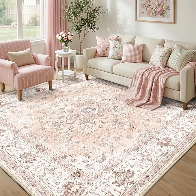 CAPALOCA Machine Washable Rugs Nursery Rug Sq6ft Cute Girl Non Slip Low Pile Water Repellent Soft Print Pattern for Bedroom Indoor Decor Kids Playroom Pink