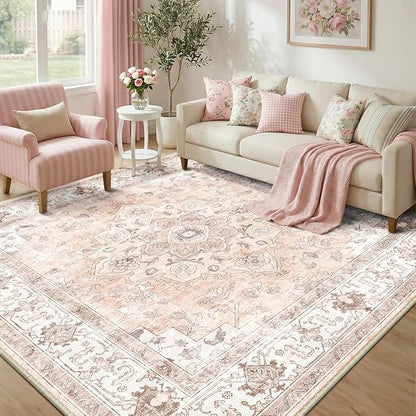 CAPALOCA Machine Washable Rugs Nursery Rug Sq6ft Cute Girl Non Slip Low Pile Water Repellent Soft Print Pattern for Bedroom Indoor Decor Kids Playroom Pink