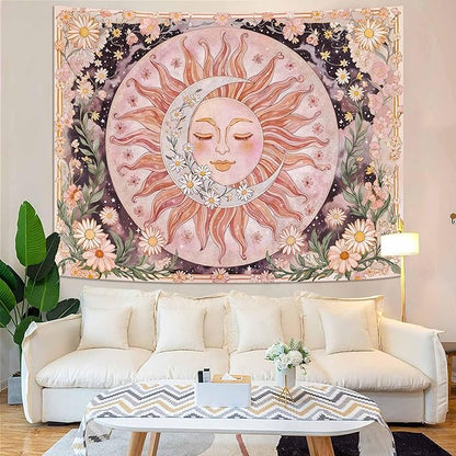 Neasow Sun Moon Daisy Tapestry, Boho Aesthetic Floral Wall Art, Pink Hippie Decor for Living Room Bedroom Home, 60x80 inches