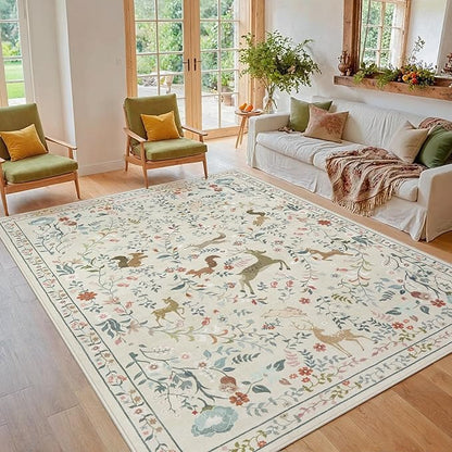 6x9 Area Rugs Washable Rug: Lagre Boho Living Room Rug Soft Non-Slip Thin Carpet Indoor Floor Non-Shedding Neutral Floral Carpets for Bedroom Dining Room Farmhouse Nursery Beige Animal