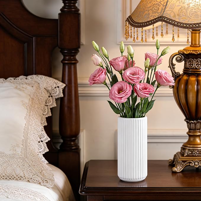 TIMEFOTO White Ceramic Flower Vase for Pampas Grass, 6 inch Small Decorative Centerpiece Ribbed Vase for Dining Table, Office Desktop, Shelf Bookshelf, Mantel, Bathroom, Countertop, Farmhouse, Gift