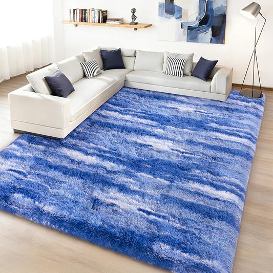 Shag Rugs for Living Room 9x12, Ultra Soft Abstract Blue Big Fuzzy Rugs for Bedroom, 9 x 12 Fluffy Shaggy Plush Carpet Girls Kids Room Dorm Upgrade Non-Slip
