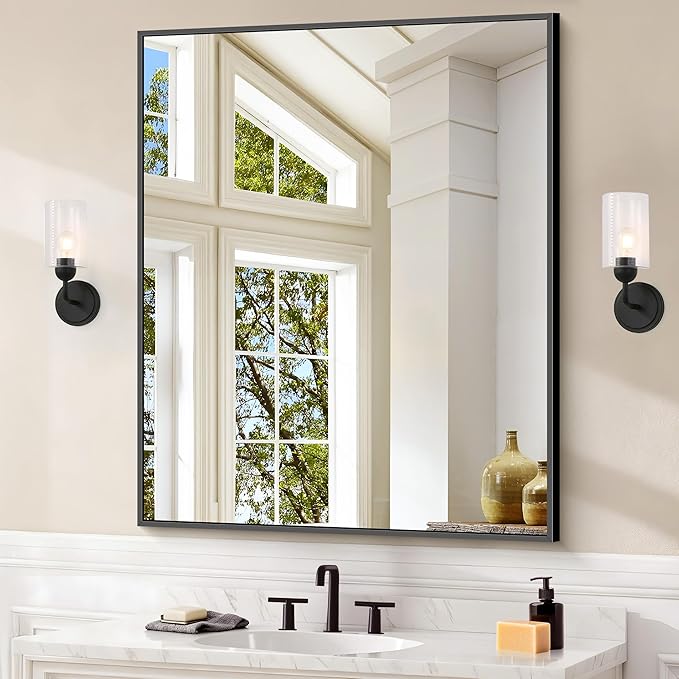 COFENY Black Bathroom Mirror for Wall, 30x36 Inch Rectangle With Metal Frame, Modern Vanity for Bathroom Living Room, Entryway Hangs Horizontal or Vertical