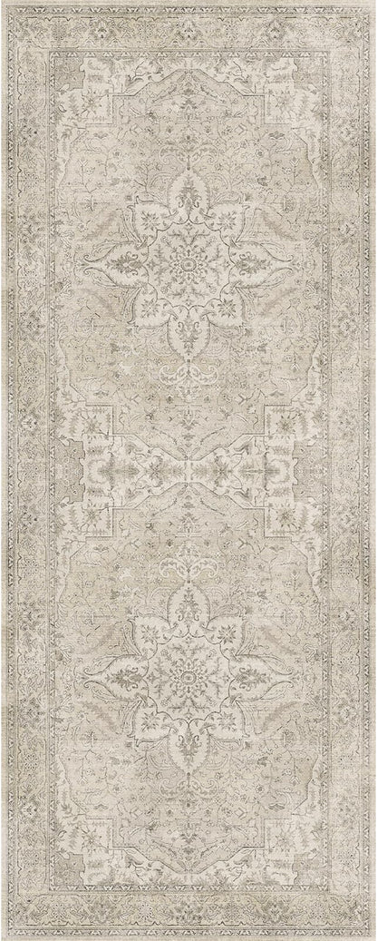 GENIMO 2X5 Washable Vintage Runner Rug for Hallway, Non-Slip Low Pile Chenille Print Rug, Soft Rugs for Indoor Entryway Kitchen Corridor, Linen & Taupe