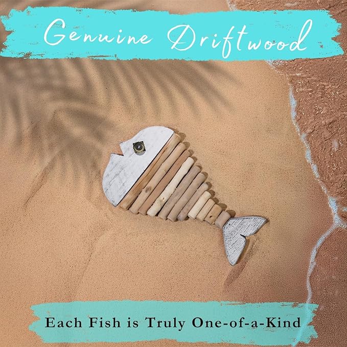 Driftwood Fish Nautical Wall Decor - Handmade Wooden Rustic Coastal Wall Art for Living Room, Bedroom, Office, Bathroom - Ocean Beach Decoration (Opal)