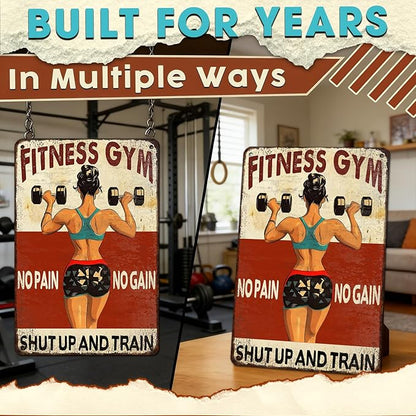 Women‘s Gym Motivational Metal Sign “No Pain No Gain And Train” - 8x12 Inch Vintage Tin Wall Art for Home Gym, Workout Room & Funny Gift Decor