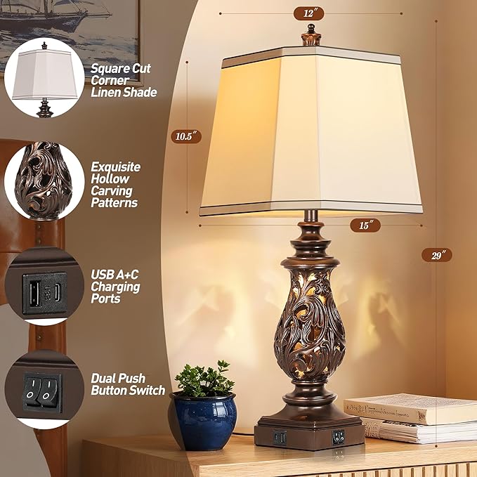 PARTPHONER 29" Table Lamps Set of 2, Bedside Lamps with USB A+C Ports & Night Light, Farmhouse Nightstand Lamps with Faux Silk Shades for Bedroom Living Room, Vintage Brown (LED Bulbs Included)