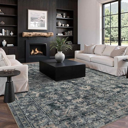 Rugxara 8x10 Area Rugs for Living Room Bedroom, Large Washable Rug, Blue Vintage Retro Boho Rug, Non Slip & Low Pile Faux Wool Thin Carpet for Indoor Dining Room and Kids Room(Blue 8x10ft)