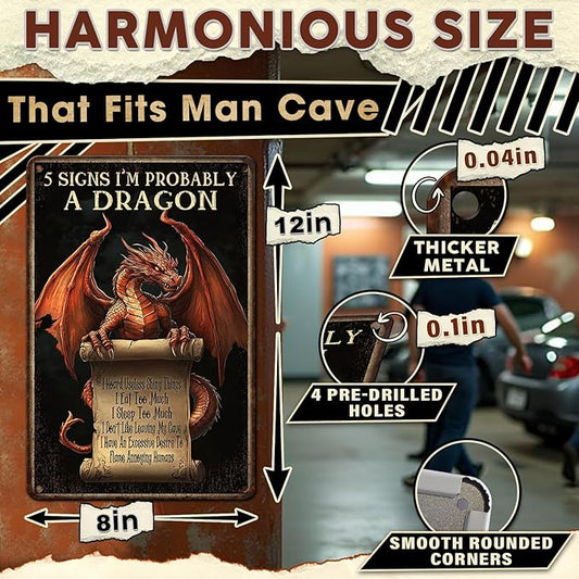 Dragon Wall Art 5 Signs I'm Probably A Dragon Metal Sign Vintage Room Decor & Funny Plaque for Man Cave Tabletop Game Room Medieval Gifts & Boys Room Decor 8x12