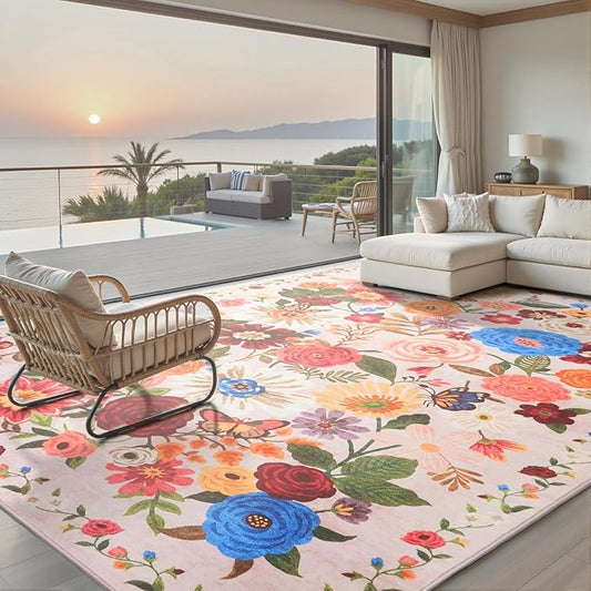 Light Pink Area Rugs 10x14 for Living Room, Non Slip Machine Washable Floral Rugs, Low Pile Lightweight Large Rug for Bedroom, Dining Room, Home Office