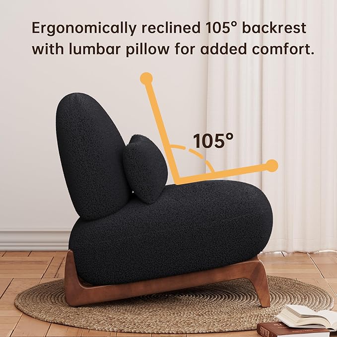 Morden Fort Sherpa Boucle Chair Single, Tilted Modern Wood Chair with Thick Cushion Comfortable Lumbar Pillow Armless Reading Accent Chair Compatible with Sofa Set Couch for Living Room, Black