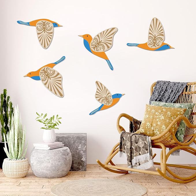 KOYILTD 5 Piece Bird Wood Wall Sculptures Wooden Wall Art Decor Scandinavian Home Decorations Flying Bird Wall Decor Farmhouse Wall Art for Home Living Room Bathroom Dining Room (Blue orange)