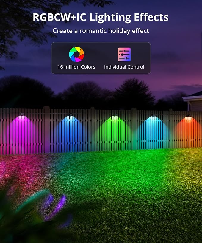 Outdoor Deck Lights 8 Packs, Smart RGBCW Fence Light, 100+ Scene Modes, Dual Lens LED String Lights with APP/Voice/Remote Control, IP65 Waterproof for Halloween Christmas Decor, 52ft Black