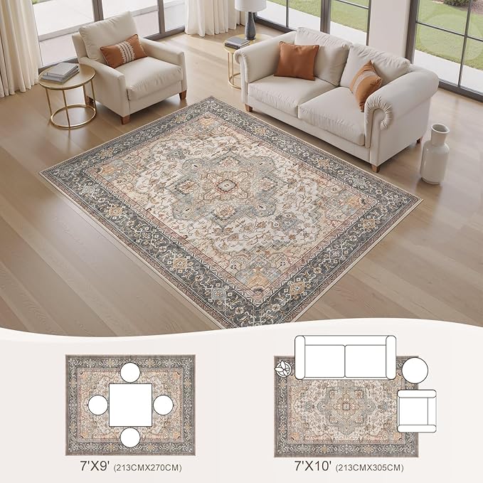 EIEIHOUSE Washable Area Rugs for Living Room -7x10 Vintage Floral Farmhouse Large Soft Floor Rug Indoor Carpet for Living Room Bedroom Dining Room Office - Forest Green Orange