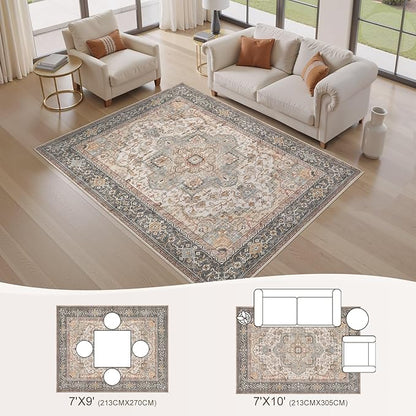 EIEIHOUSE Washable Area Rugs for Living Room -7x10 Vintage Floral Farmhouse Large Soft Floor Rug Indoor Carpet for Living Room Bedroom Dining Room Office - Forest Green Orange
