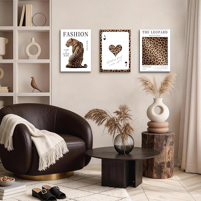 WENGTIAO Trendy Cheetah Canvas Wall Art Prints 3Pcs Fashion Leopard Wall Decor Lucky Ace Card Paintings Preppy Aesthetic Pictures Posters for Living Room Bedroom Study 12x16x3 inch