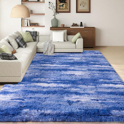 Shag Rugs for Living Room 5x7, Ultra Soft Abstract Blue Big Fuzzy Rugs for Bedroom, 5 x 7 Fluffy Shaggy Plush Carpet Girls Kids Room Dorm Upgrade Non-Slip