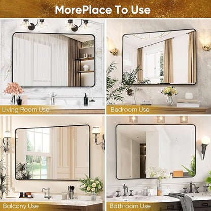 Antok Bathroom Mirror, 48"x30" Wall Mirror, Decorative Mirrors Vanity Mirror Aluminum Alloy Frame Contemporary Rectangular Hanging Mirror for Living Room Bathroom Entryway,Black,Round Corner