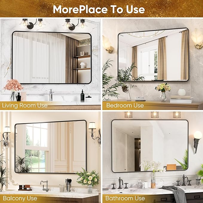 Antok 40x30 Black Metal Framed Bathroom Mirror, Wall Mirror with Round Corners, Vanity Mirror for Over Sink, Anti-Rust Tempered Glass, Horizontal/Vertical Hanging for Bathroom, Living Room, Entryway