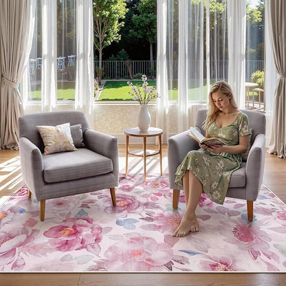 Lahome Floral 3x5 Area Rug for Bedroom, Non-Slip Entry Way Rugs Indoor Ulta-Thin Washable Stain Resistant Boho Throw Rugs for Bathroom Bedroom Vanity（3x5,Pink