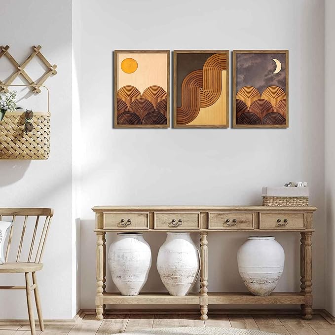 raiqtols Abstract Framed Wooden Canvas Wall Art Set of 3 – Sun Moon Geometric Boho Modern Wall Decor, Golden Brown Mid Century Prints with Wooden Frame for Living Room Bedroom – 12x16in