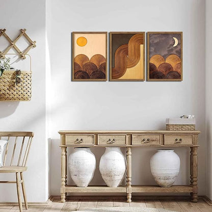 raiqtols Abstract Framed Wooden Canvas Wall Art Set of 3 – Sun Moon Geometric Boho Modern Wall Decor, Golden Brown Mid Century Prints with Wooden Frame for Living Room Bedroom – 12x16in